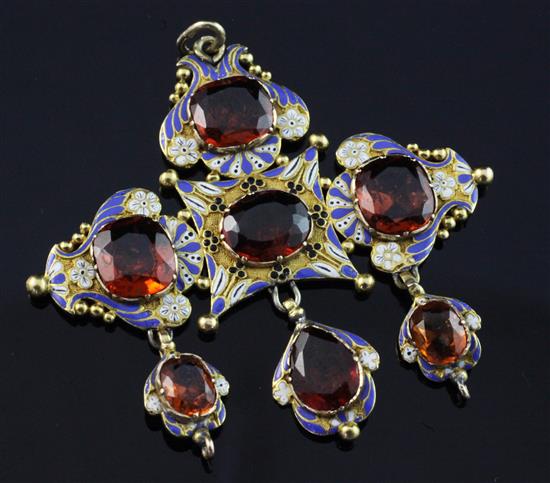 A gold, three colour enamel and hessonite garnet drop pendant, 2in.